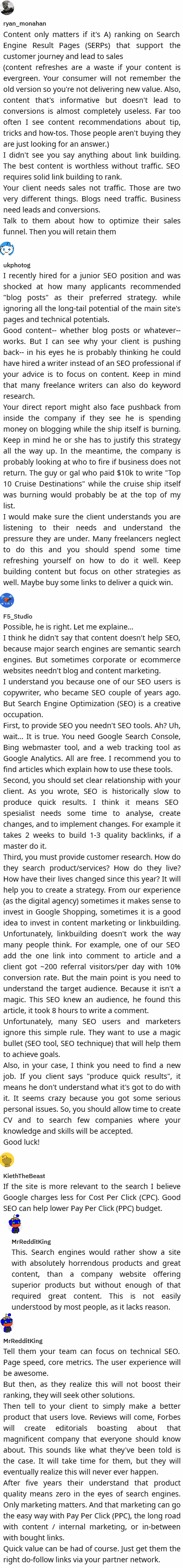 a 10k monthly budget client doesnt think content helps seo they want sales asap