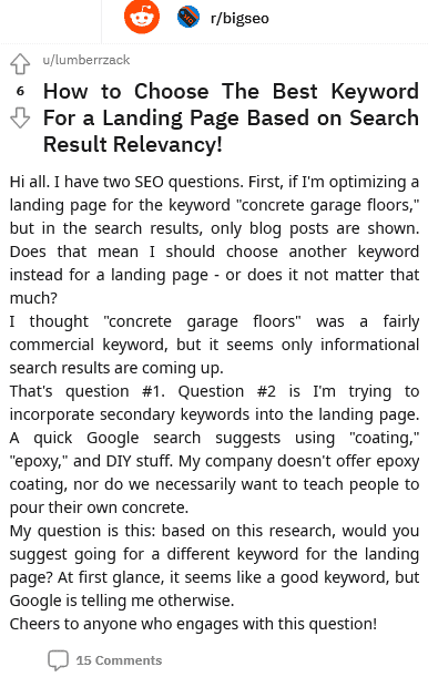 to choose the best keyword for a landing page based on search result relevancy