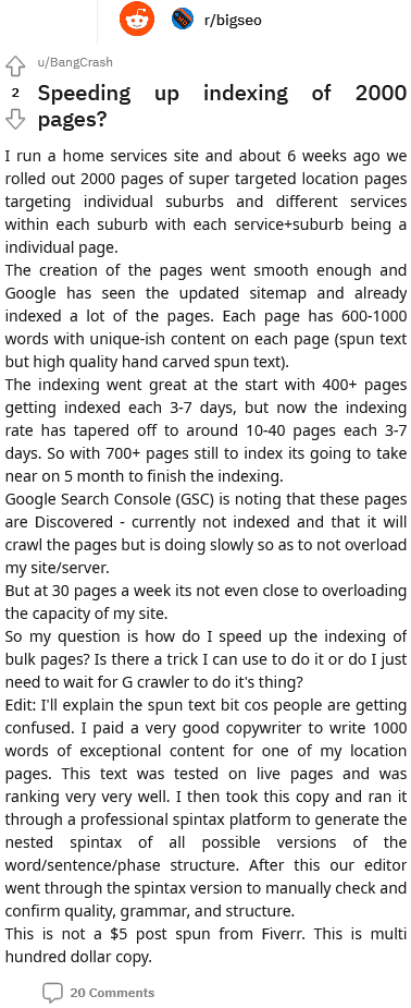 speeding up indexing of thousands of pages
