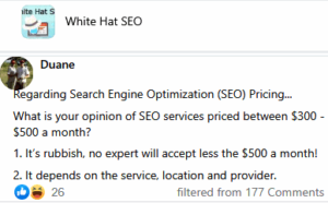 Comments on an SEO Low Price Range on Rate $300-$500 a Month