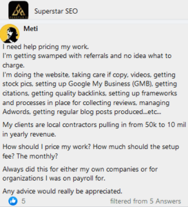 asking for pricing advice in seo work